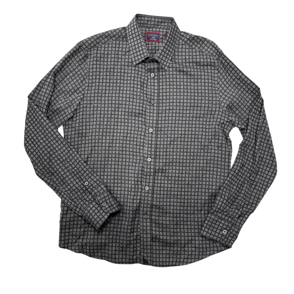 UNTUCKit Mens Large Slim Fit Grey Black Grid Check Cotton Button Up Shirt